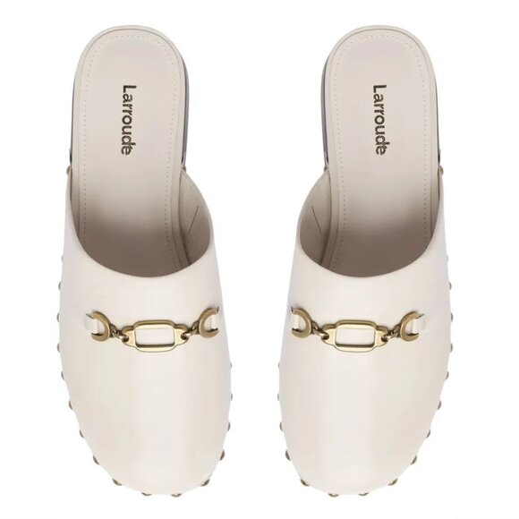 Larroude Zuzi Bit Mule Clogs Slip on Size 7 Ivory Cream Leather Wooden Studs NEW - Picture 3 of 16
